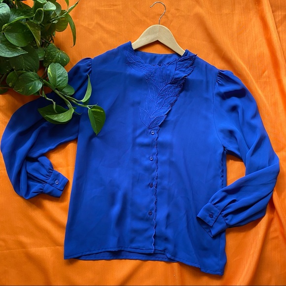 Vintage Navy Dark Blue Blouse with Leaf Embroidery Button up - Picture 9 of 10